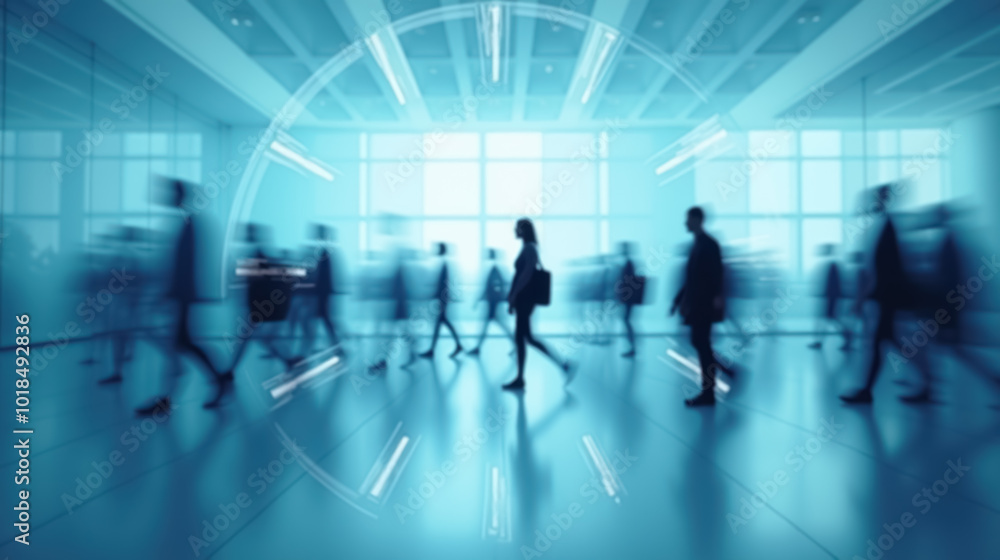 Blurred motion of business people walking with clock overlay. Blurred motion of business people walking with clock overlay.