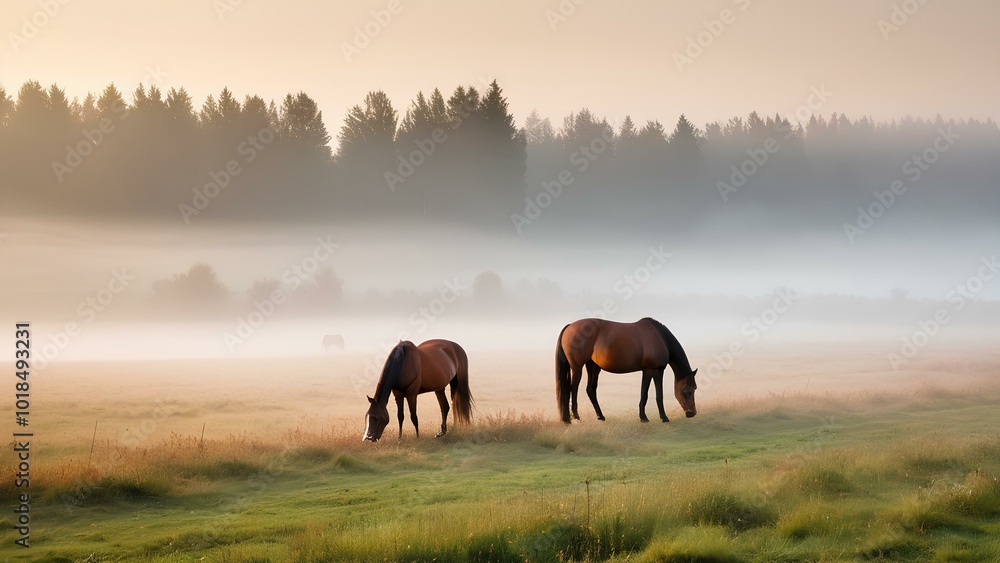 Obraz premium Horses graze peacefully in a mist-covered field at sunrise during autumn. The soft light and fog create a serene and tranquil atmosphere in this rural scene.