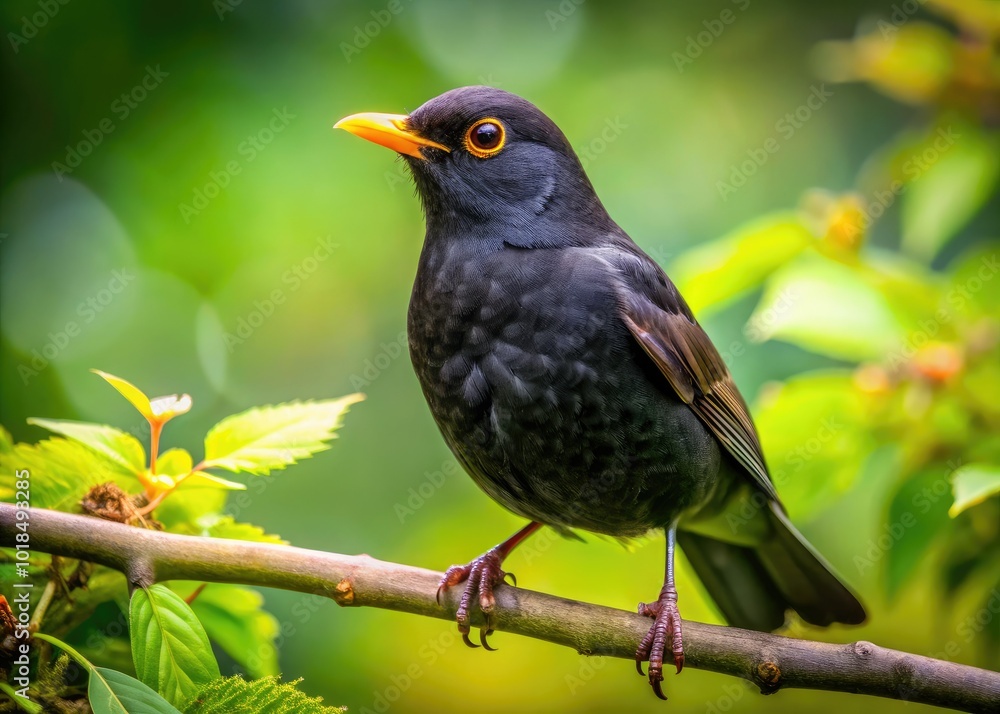 A striking blackbird rests gracefully on a branch, surrounded by vibrant green foliage, showcasing its beauty in a serene, natural habitat full of life. A striking blackbird rests gracefully on a branch, surrounded by vibrant green foliage, showcasing its beauty in a serene, natural habitat full of life.