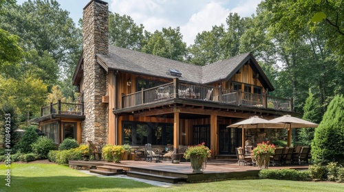 Wooden Cabin with Stone Chimney and Expansive Deck