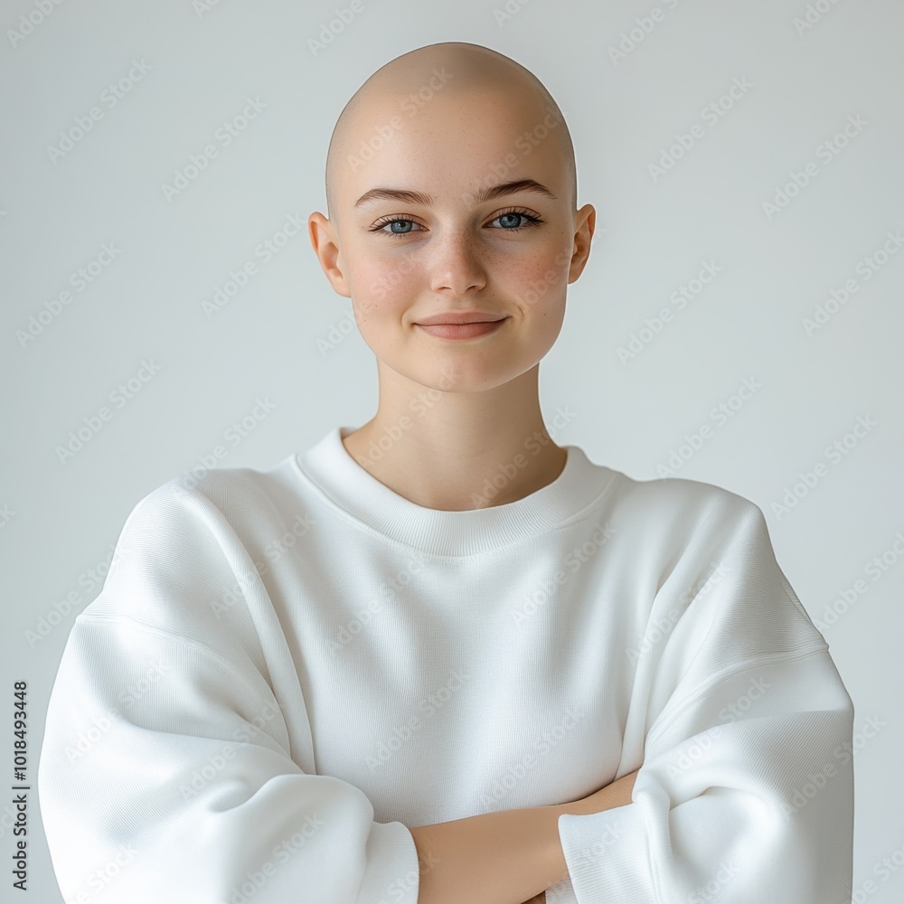 Confident Young Woman with Bald Head and Smile Confident Young Woman with Bald Head and Smile