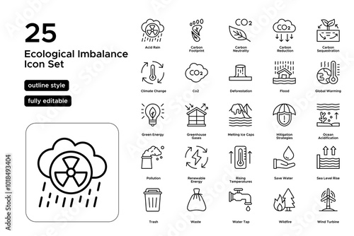 Ecological Imbalance Line Icon Set: Deforestation, Habitat Loss, and Biodiversity Decline Icons