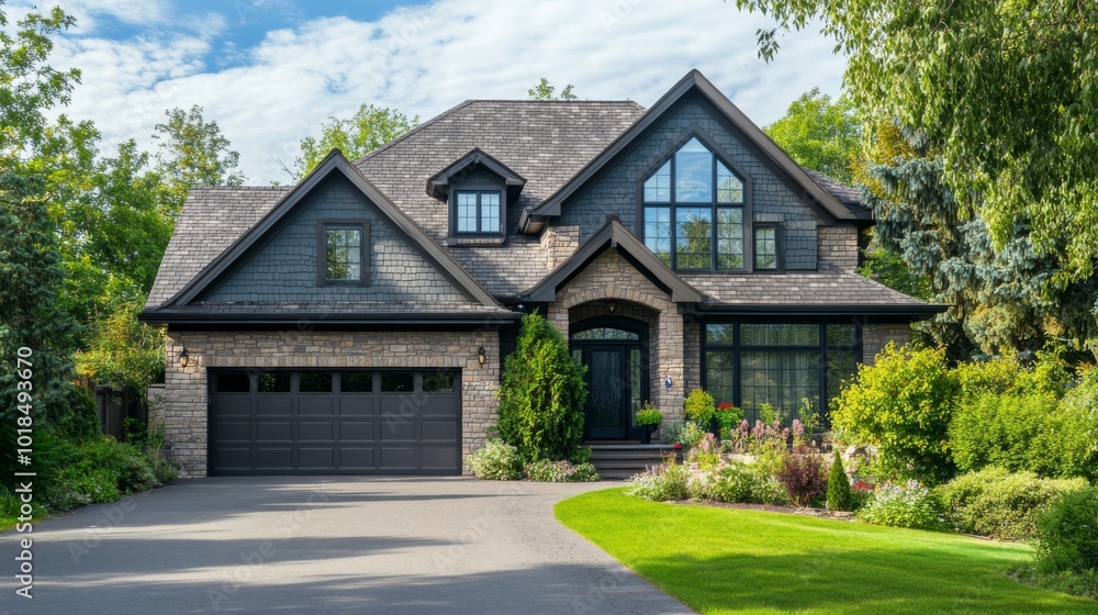 Stone-Faced Suburban Home with Lush Landscaping and a Curved Driveway Stone-Faced Suburban Home with Lush Landscaping and a Curved Driveway