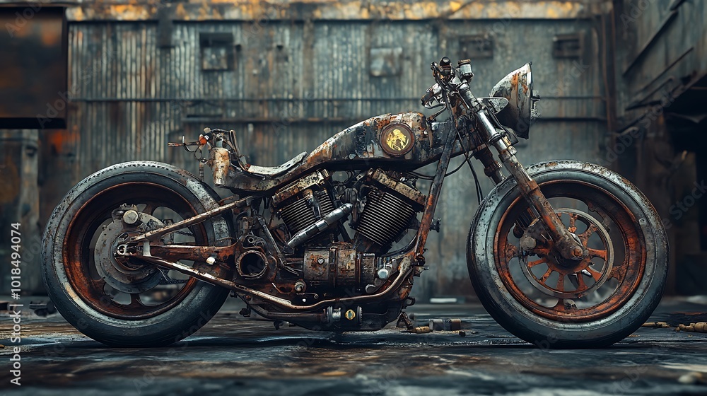 Rustic motorcycle with worn paint and large tires. Rustic motorcycle with worn paint and large tires.