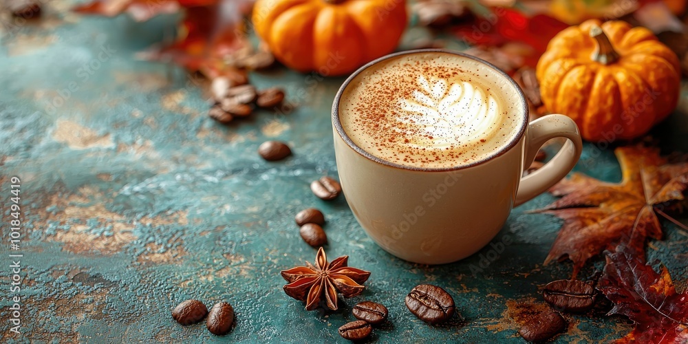 Cozy autumn coffee with pumpkins and spices Cozy autumn coffee with pumpkins and spices