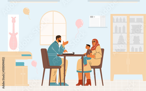 Illustration of a Muslim woman, with a child and her husband on the background of an interior room.