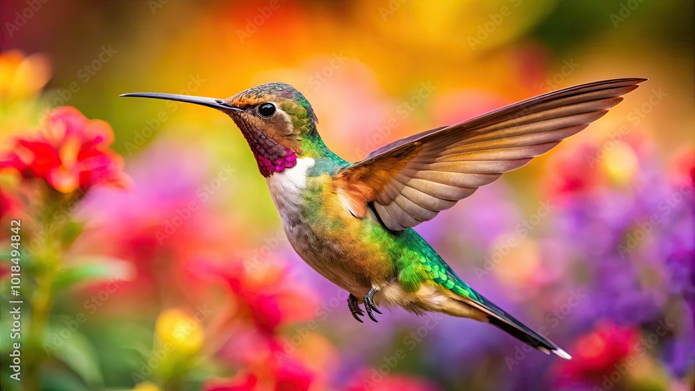 Fototapeta premium A stunning hummingbird soars gracefully through a vibrant garden, the colorful flowers creating a beautiful backdrop in a serene natural setting. Nature's perfect harmony captured.