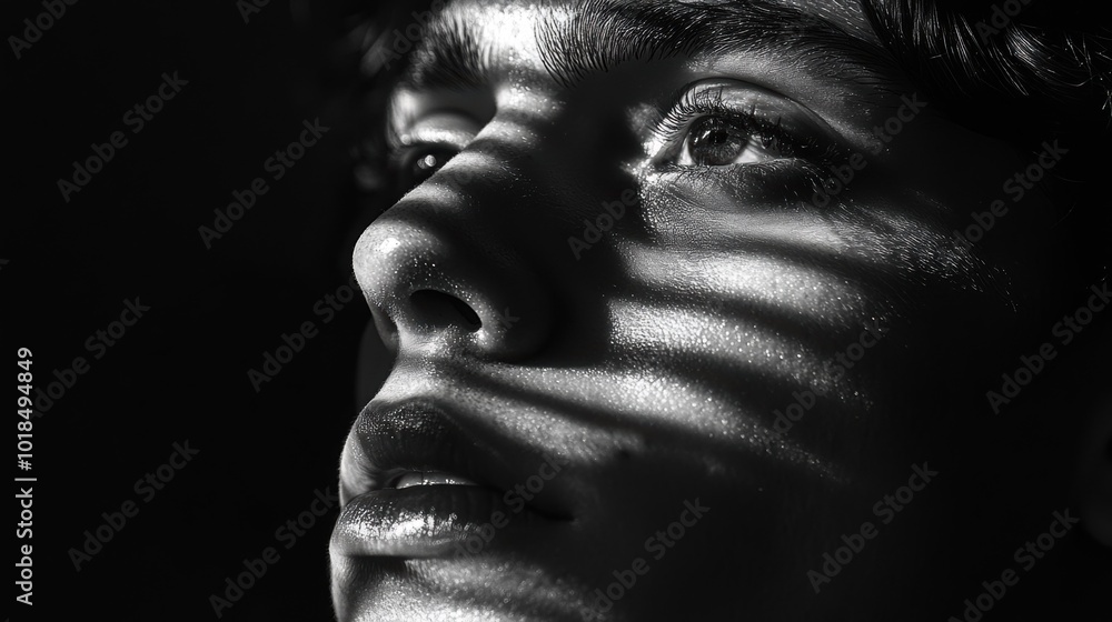 A black-and-white portrait of a person with dramatic lighting, casting deep shadows on one side of their face A black-and-white portrait of a person with dramatic lighting, casting deep shadows on one side of their face