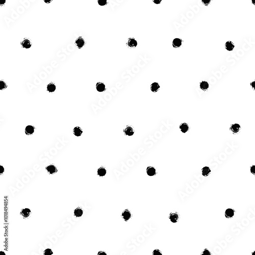 Vector dots pattern. Seamless black and white brush stroke background. Polka dot print with distress texture. Painted ornament for kids. Childish design