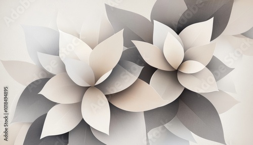 Abstract geometric flowers in neutral tones create a minimal yet dynamic pattern against a soft, muted background