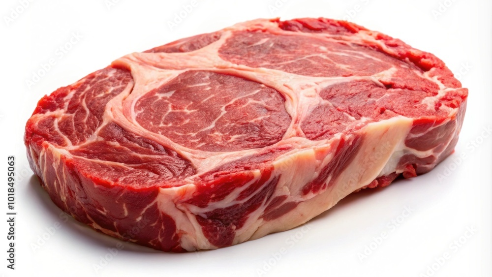 Fototapeta premium Close up view of a fresh raw beef ribeye steak isolated on white background, beef, ribeye, raw, close up, steak, meat, fresh