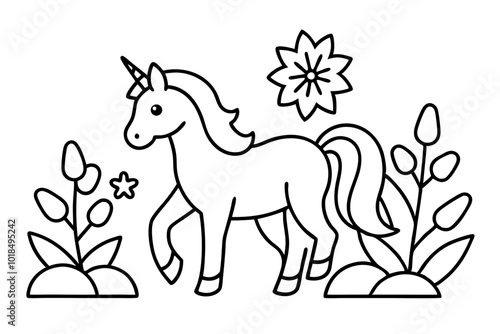 A unicorn in flower garden, coloring book vector illustration photo