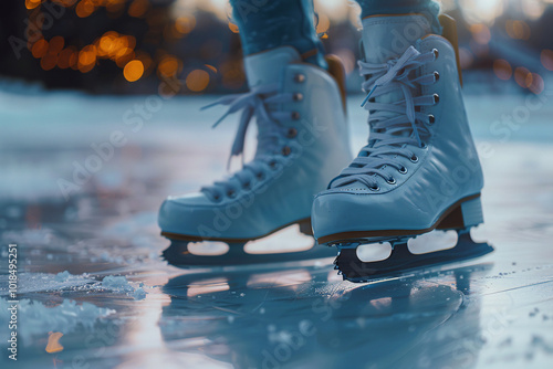 Close up of person in white ice skating shoes on frozen lake