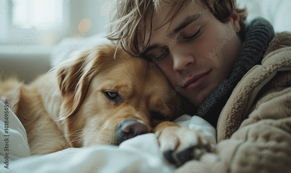 man cuddling his dog at home man cuddling his dog at home