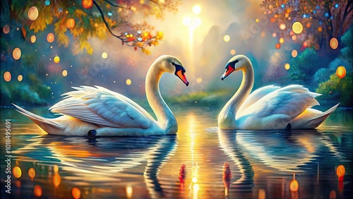 Fototapeta Naklejka Na Ścianę i Meble -  A stunning watercolor painting showcases elegant swans, immersing viewers in nature's tranquility and beauty, capturing a peaceful moment through graceful artistic expression.
