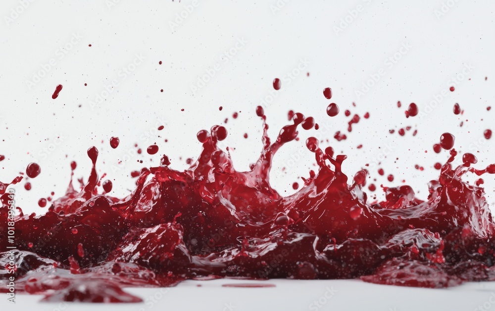 Close-up of dark red fluid splash spreading across a white surface, dramatic and vivid, perfect for creative or horror-themed concepts Close-up of dark red fluid splash spreading across a white surface, dramatic and vivid, perfect for creative or horror-themed concepts