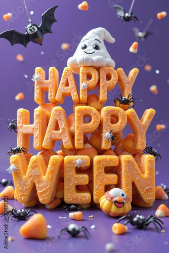 Playful Halloween Ghost with Happy Ween Lettering and Spiders photo