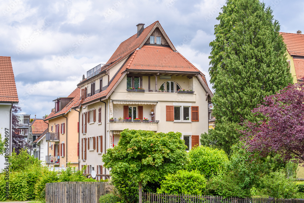 A perfect neighborhood. Houses in suburb at Spring in the Zurich, Switzerland. A perfect neighborhood. Houses in suburb at Spring in the Zurich, Switzerland.