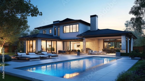 Modern House with Swimming Pool and Patio at Dusk