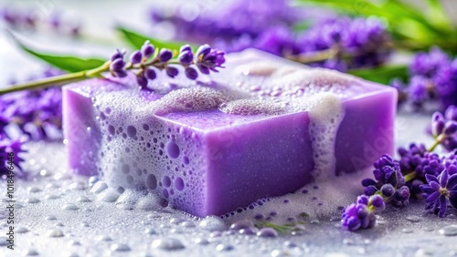 Closeup of violet lavender foaming soap, creating purple foam , lavender, foam, soap, closeup, vibrant, purple, bubbles