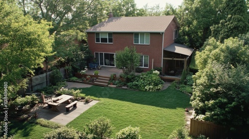 Brick house with wooden deck and lush green landscaping