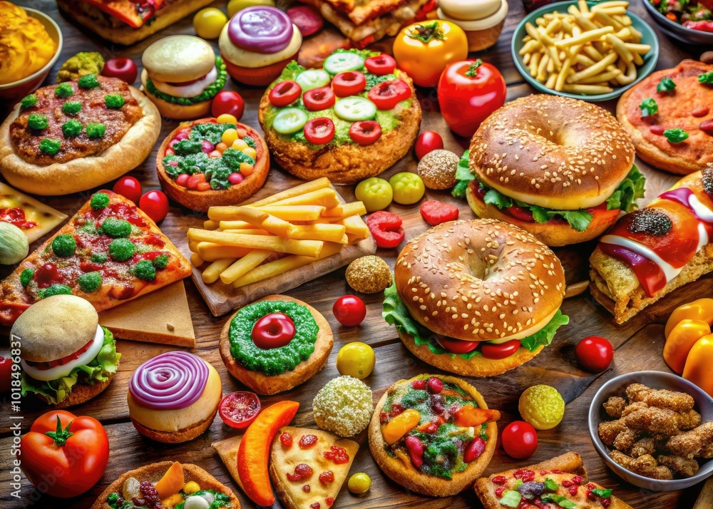 Fun and Colorful Cartoon Junk Food Collection Featuring Burgers, Fries, Pizza, and Sweets Fun and Colorful Cartoon Junk Food Collection Featuring Burgers, Fries, Pizza, and Sweets