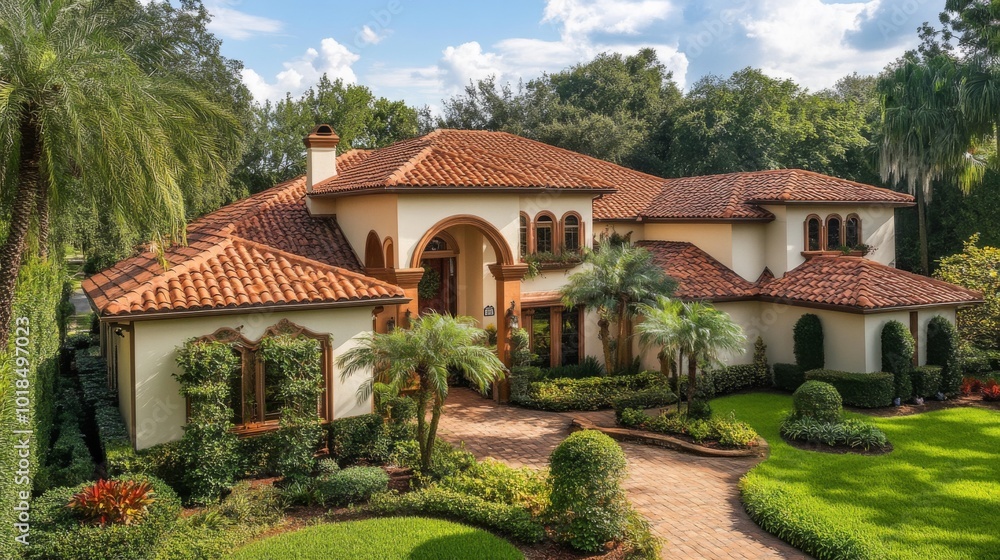 Mediterranean-style House with Lush Landscaping and a Brick Pathway Mediterranean-style House with Lush Landscaping and a Brick Pathway