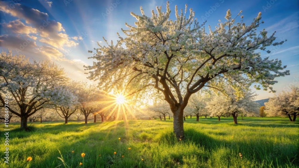 Nature scene with a blooming tree and sun flare in a beautiful orchard , Spring, blossom, background, flowers, orchard, tree Nature scene with a blooming tree and sun flare in a beautiful orchard , Spring, blossom, background, flowers, orchard, tree