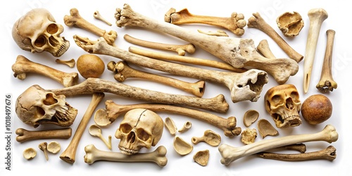 A collection of unique bones in various shapes and sizes, each with its own texture and contour, displayed against a pristine white background. photo