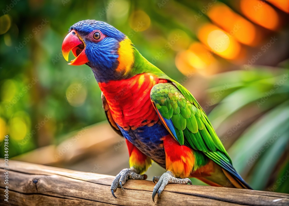 A colorful parrot sits on a wooden beam, its vibrant feathers spread wide, letting out a loud, raspy squawk, its eyes fixed elsewhere. A colorful parrot sits on a wooden beam, its vibrant feathers spread wide, letting out a loud, raspy squawk, its eyes fixed elsewhere.