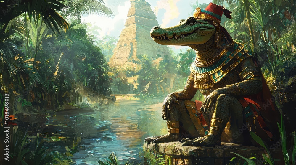 Obraz premium A majestic crocodile wearing ancient attire, sitting by a serene river near a towering pyramid in a lush jungle setting.