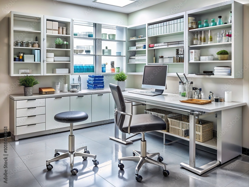A compact medical workstation with a sleek computer monitor, metal stools, and essential equipment surrounds shelves stocked with supplies and medications. A compact medical workstation with a sleek computer monitor, metal stools, and essential equipment surrounds shelves stocked with supplies and medications.