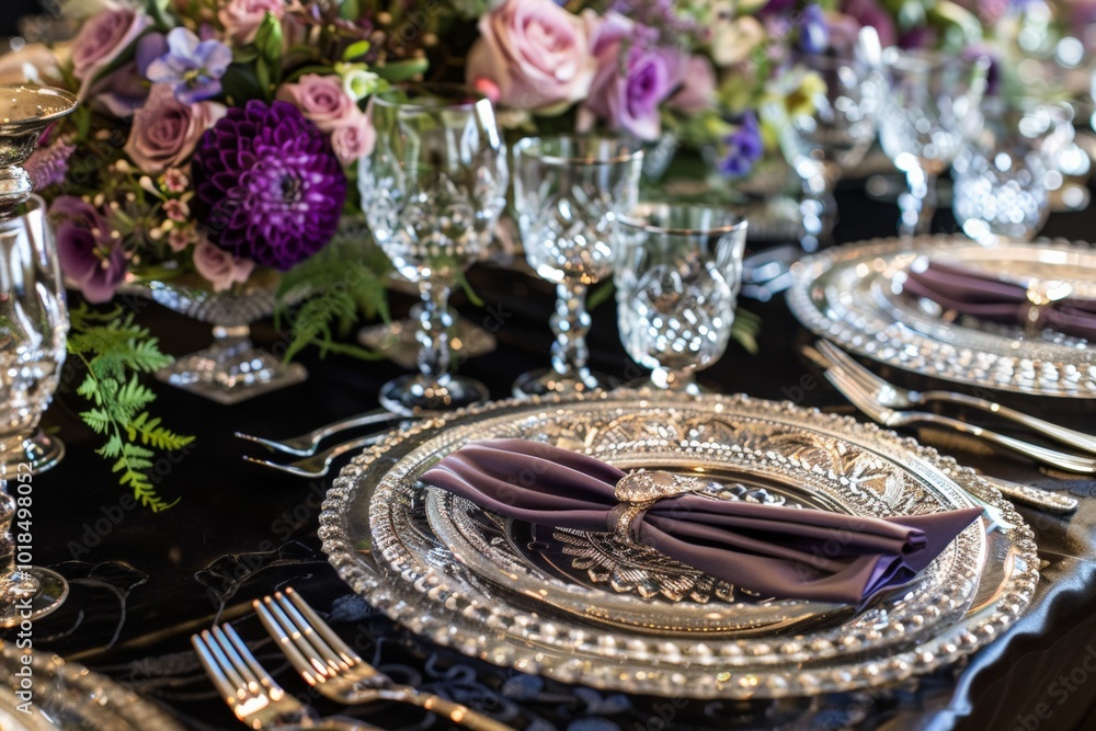 Elegant wedding table setting with purple accents and crystal glassware. Elegant wedding table setting with purple accents and crystal glassware.
