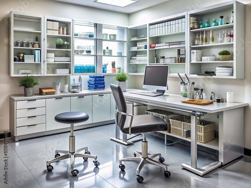 A compact medical workstation with a sleek computer monitor, metal stools, and essential equipment surrounds shelves stocked with supplies and medications.