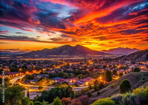 A vibrant sunset bathes Simi Valley in striking colors, accentuating the stunning mountain silhouettes that frame the horizon, creating a mesmerizing natural display.