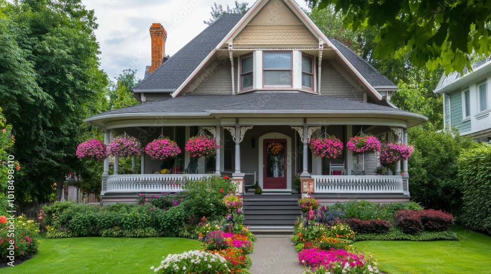 Victorian House with Hanging Baskets and Lush Garden Victorian House with Hanging Baskets and Lush Garden