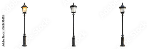 Vintage street lamp isolated on a transparent background perfect for historical-themed illustrations or urban designs.