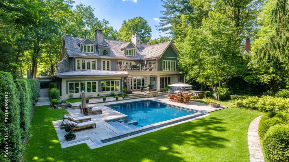 Obraz premium A luxurious home with a pool and patio in a lush green landscape.