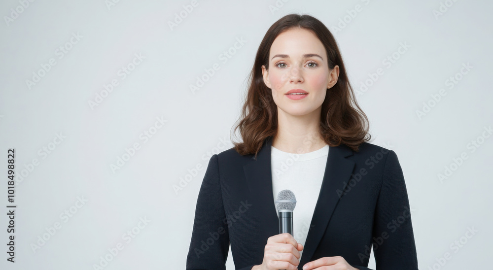Businesswoman holding microphone to give speech, isolated on white background. Businesswoman holding microphone to give speech, isolated on white background.