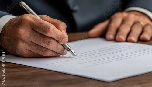 Hand of a businessperson signing a document with a pen, dark wood desk in background, close-up shot, business transaction and agreement concept
