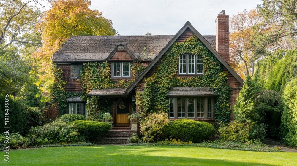 Brick House Covered in Ivy with Green Grass Lawn Brick House Covered in Ivy with Green Grass Lawn