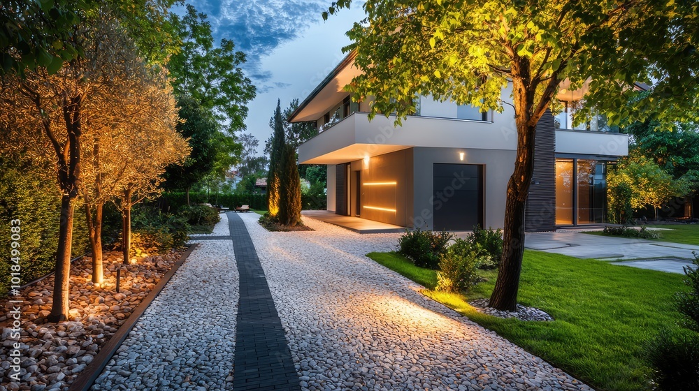 A modern house illuminated at night, surrounded by landscaped gardens and path, showcasing contemporary architecture and design. A modern house illuminated at night, surrounded by landscaped gardens and path, showcasing contemporary architecture and design.