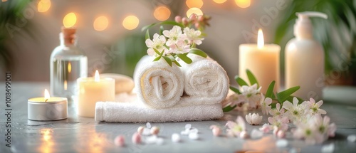 Spa background towel bathroom white luxury concept massage candle bath. Bathroom white wellness spa background towel relax aromatherapy flower accessory zen therapy aroma beauty setting table salt oil