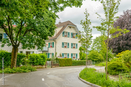 A perfect neighborhood. Houses in suburb at Spring in the Zurich, Switzerland.