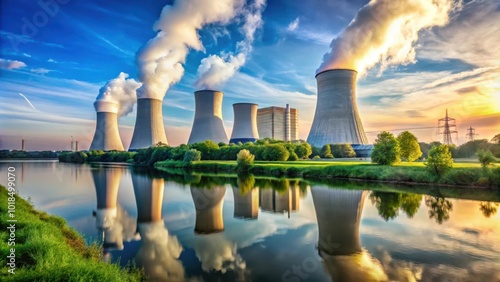 Industrial Cooling Towers Reflecting in a Tranquil River Under a Vibrant Sunset Sky photo