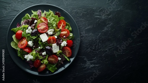 Fresh salad with tomatoes, feta cheese, and lettuce on a black background.