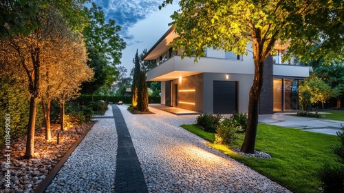 A modern house illuminated at night, surrounded by landscaped gardens and path, showcasing contemporary architecture and design.