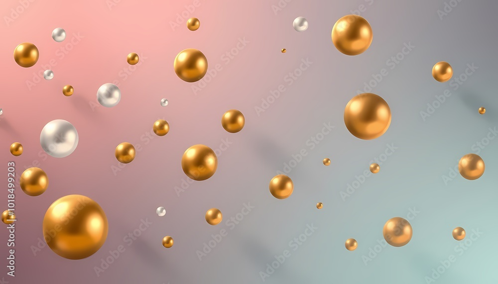 Abstract background with gold and silver spheres floating on pastel pink, green, and blue gradient. Abstract background with gold and silver spheres floating on pastel pink, green, and blue gradient.
