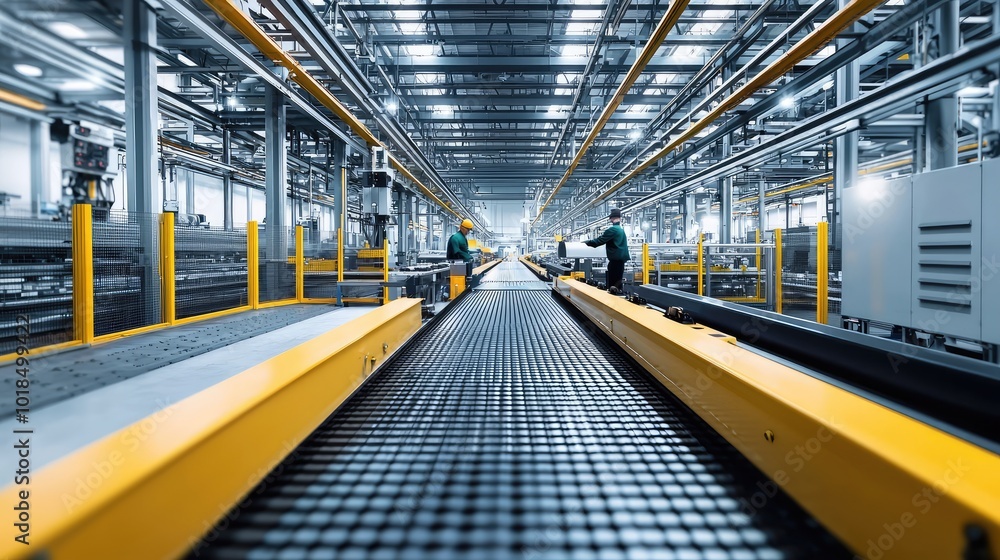 A modern manufacturing facility with assembly lines and workers engaged in production tasks under bright industrial lighting. A modern manufacturing facility with assembly lines and workers engaged in production tasks under bright industrial lighting.
