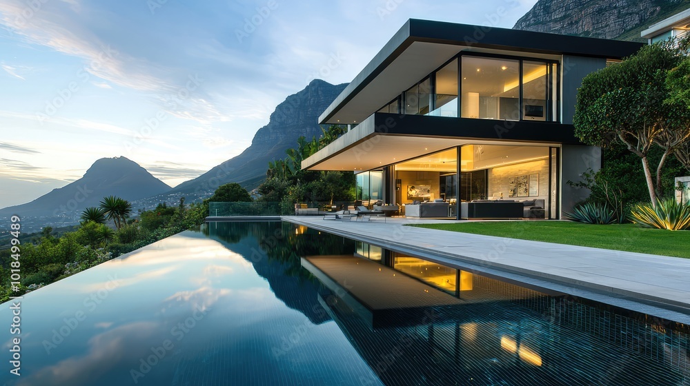A modern villa with a sleek design overlooking a calm pool and majestic mountains, perfect for luxury living. A modern villa with a sleek design overlooking a calm pool and majestic mountains, perfect for luxury living.